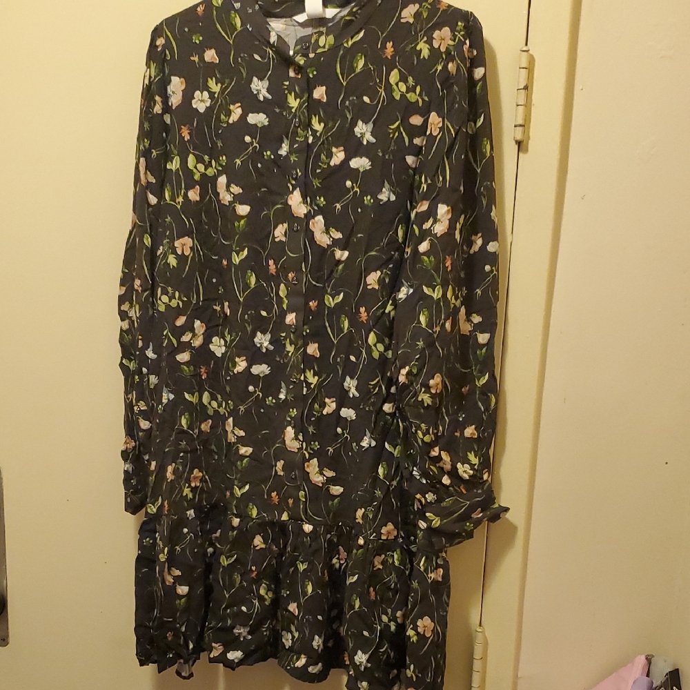 H&M Black Floral Long Sleeve Dress Womens XL NWT